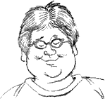 Pencil sketch of chubby guy in small glasses.