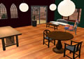 3D rendered view of a room with wooden furniture